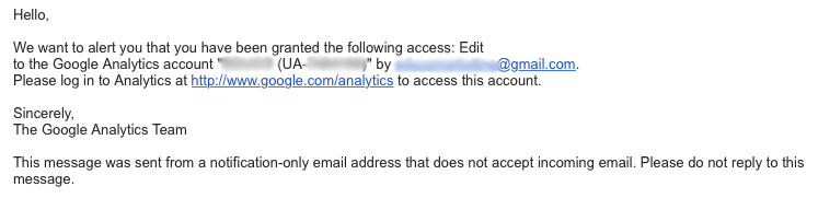 Managing User Roles & Permissions in Google Analytics - Sample email Notice from Google