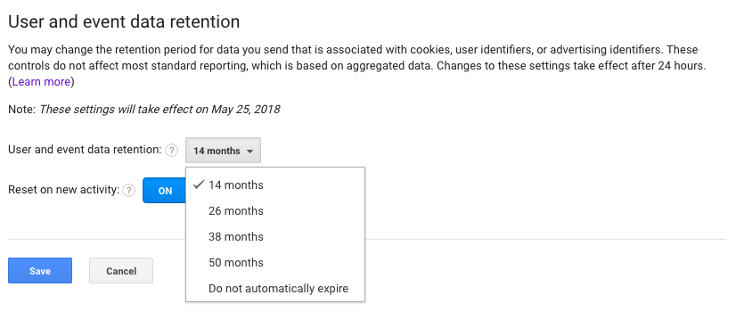 Google Analytics Data Retention Controls & Duration Settings