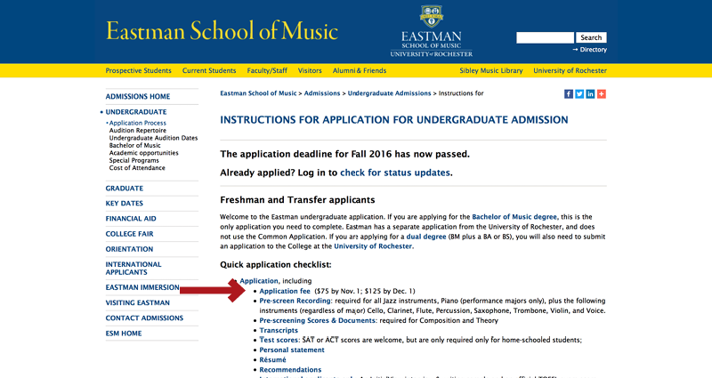 Eastman School of Music Application Experience Step 4 - Admissions Undergraduate Process