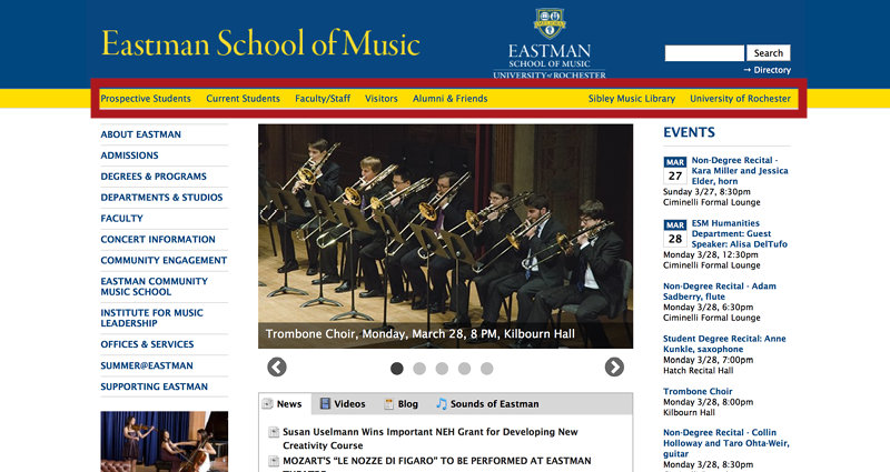 Eastman School of Music Application Experience Step 1 - Homepage