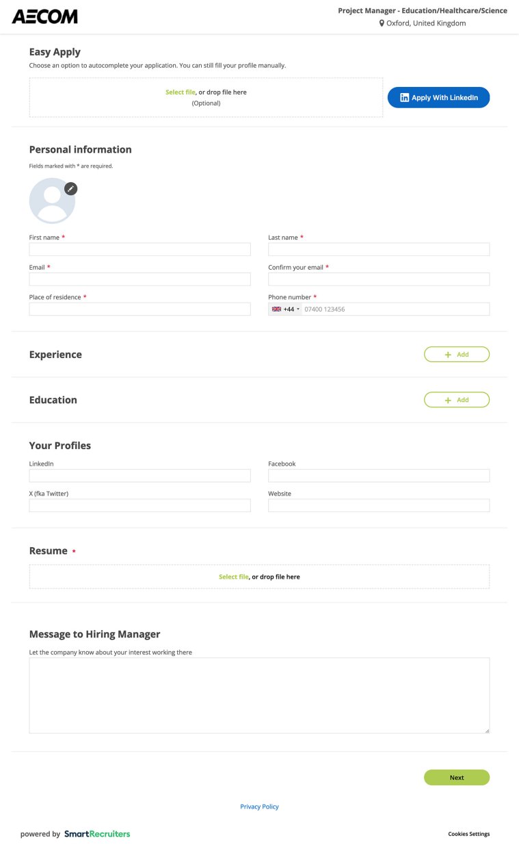 AECOM Career's Page Application Experience 