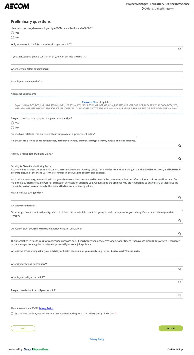 AECOM Career's Page Application Experience 