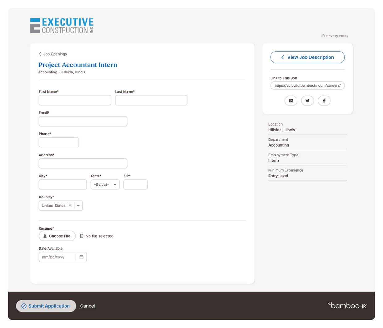 Executive Commercial Constriction Career Application Page Example