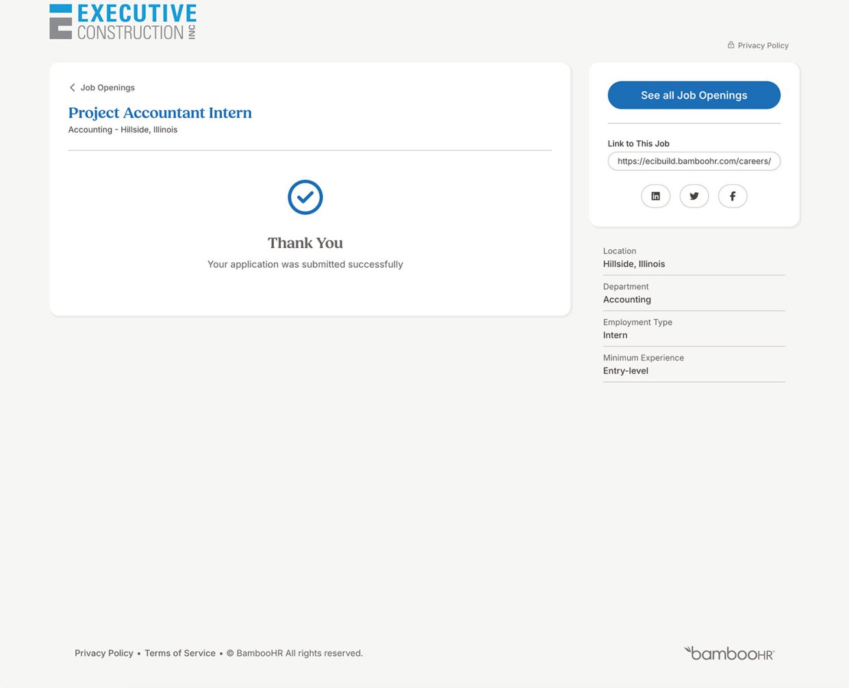 ECI Construction Career Application Thank You Page
