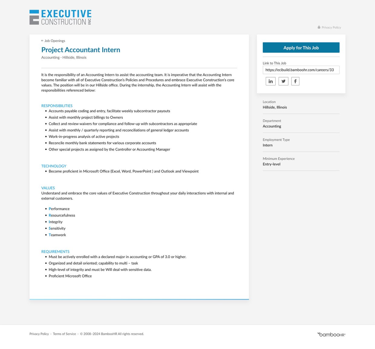 Executive Construction Inc Recruitment Software Job Posting Example