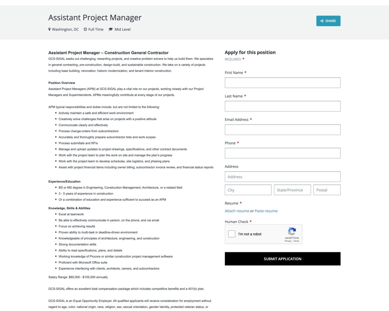 GCS Sigal Construction Construction Recruitment Application Experience