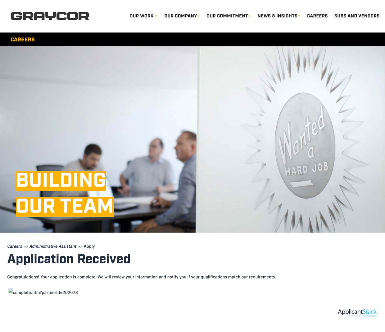 Graycor Construction Career's Page Application Experience 
