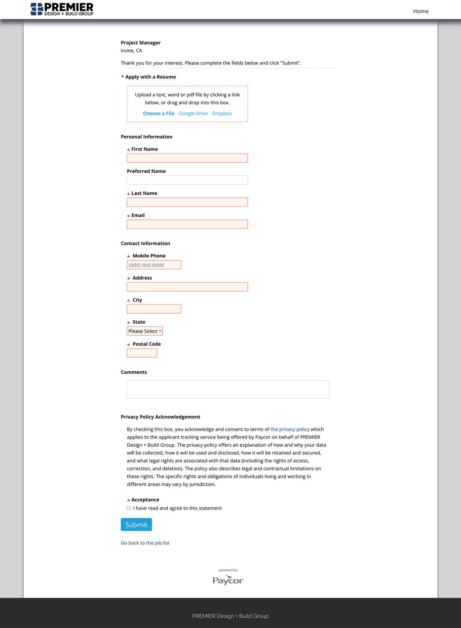 Premier Design Build Construction Recruitment Application Experience