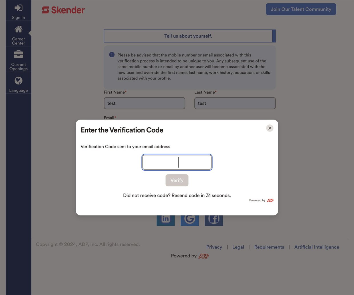 Skender's Career's Page Application Experience 