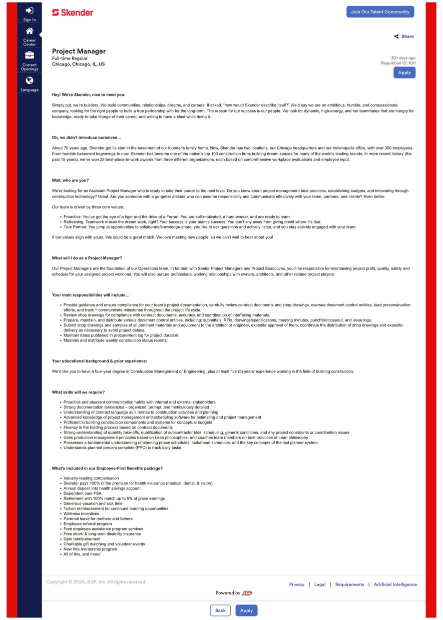 Skender Open Job Posting Recruitment Application Experience