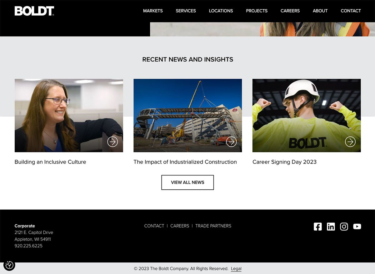 Boldt Construction Social Icons in Footer Trend